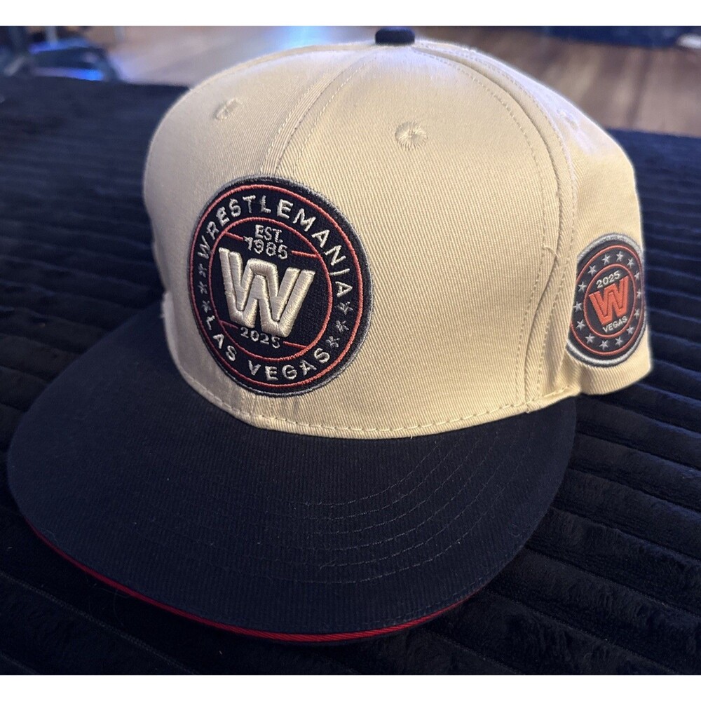 WrestleMania Las Vegas 2025 Old School Logo 41 Retro Cream Navy Snapback Hat WWE